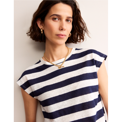 Boden Louisa Crew Neck Linen T-shirt - Navy, Ivory Stripe