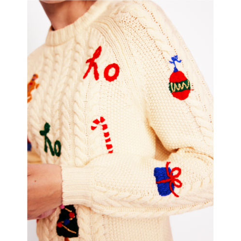 Boden Heritage Cable Jumper - Warm Ivory, Ho Ho Ho