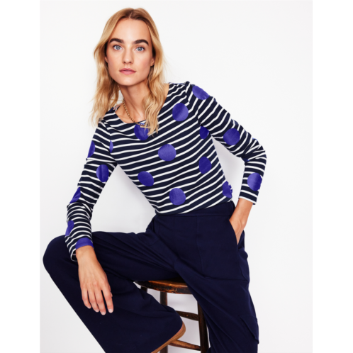 Boden Ella Long Sleeve Breton - Navy, Ivory, Blue Spot