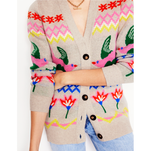 Boden Fair Isle Boyfriend Cardigan - Oatmeal Melange, Birds