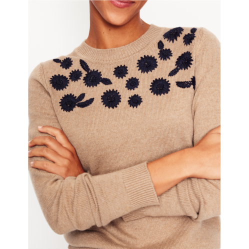 Boden Embroidered Floral Jumper - Camel Melange