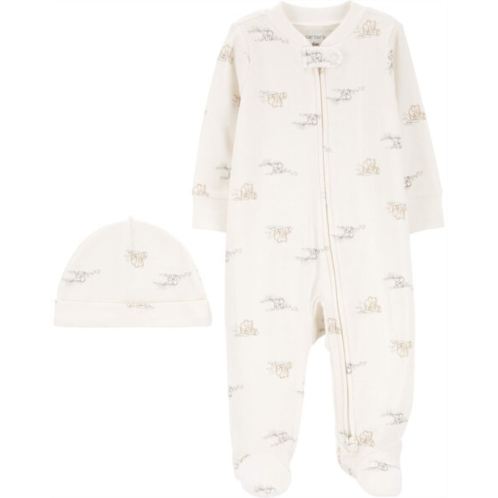 Carters Ivory Baby 2-Piece 2-Way Zip Elephant Cotton Sleep & Play & Cap Set