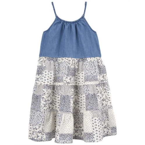 Carters Blue Kid Cotton Denim Patched Floral Dress