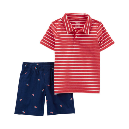 Carters Red Toddler 2-Piece Striped Polo Shirt & Short Set