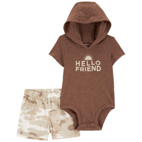 Carters Brown Baby 2-Piece Hello Friend Hooded Bodysuit & Camo Short Set