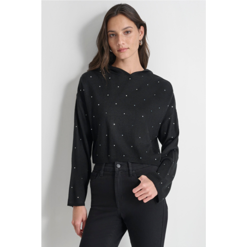 DKNY RHINESTUD CROPPED HOODIE SWEATER