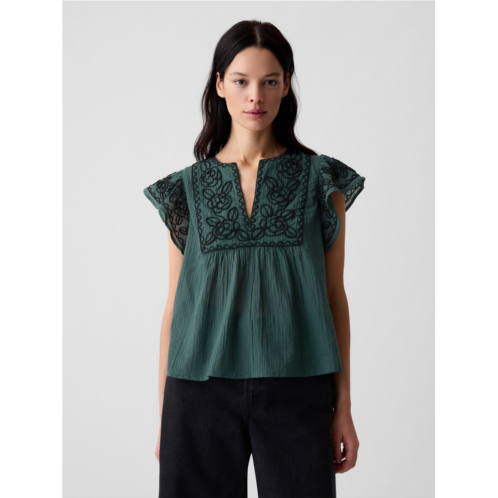 Gap Crinkle Gauze Embroidered Cropped Shirt