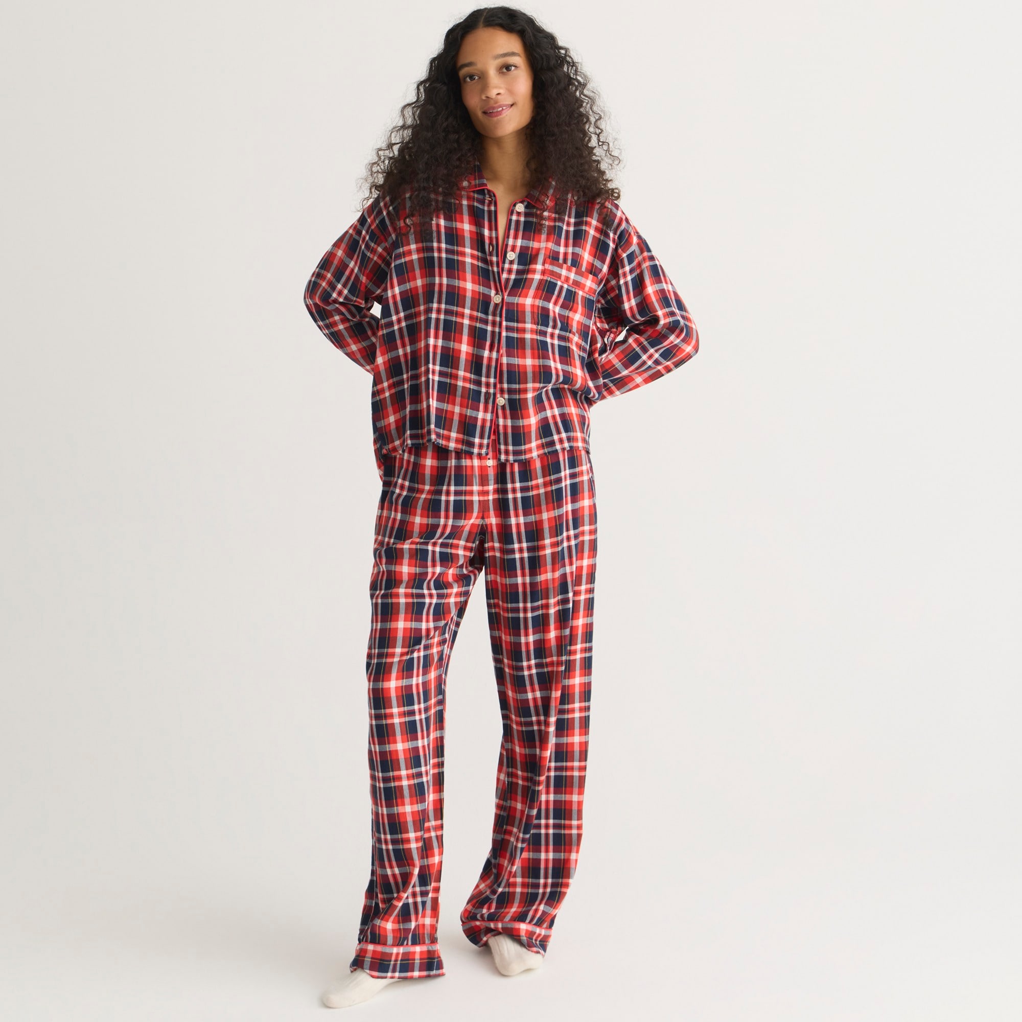 Jcrew Flannel long-sleeve cropped pajama pant set in plaid