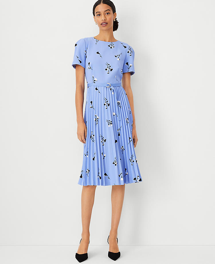 Anntaylor Floral Pleated Belted Flare Dress
