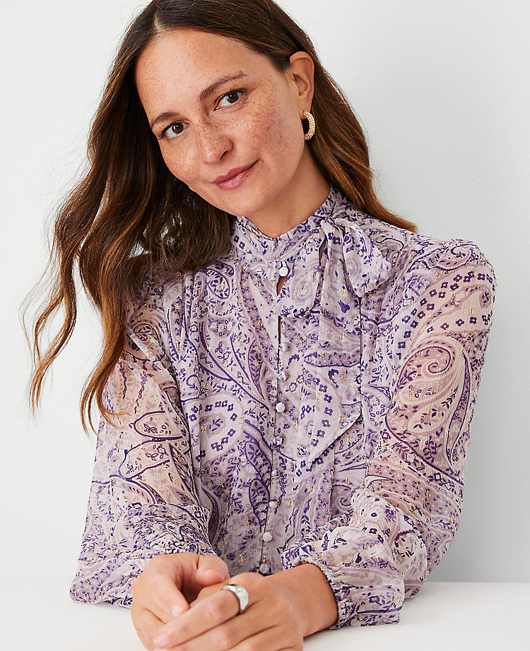 Anntaylor Shimmer Clip Paisley Bow Blouse
