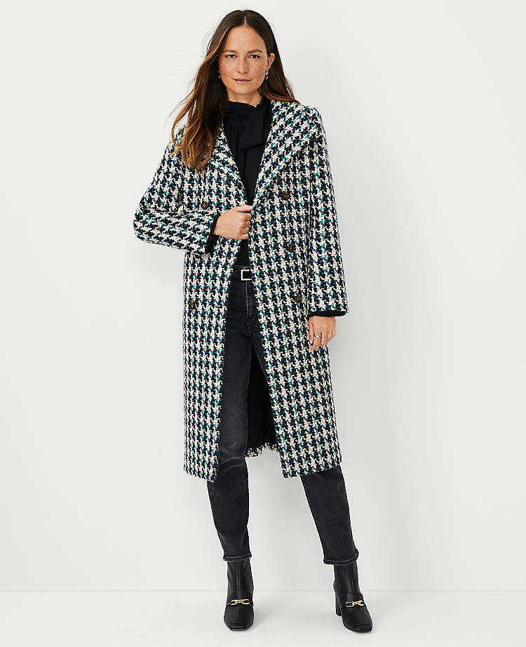 Anntaylor Petite Houndstooth Funnel Neck Double Breasted Coat
