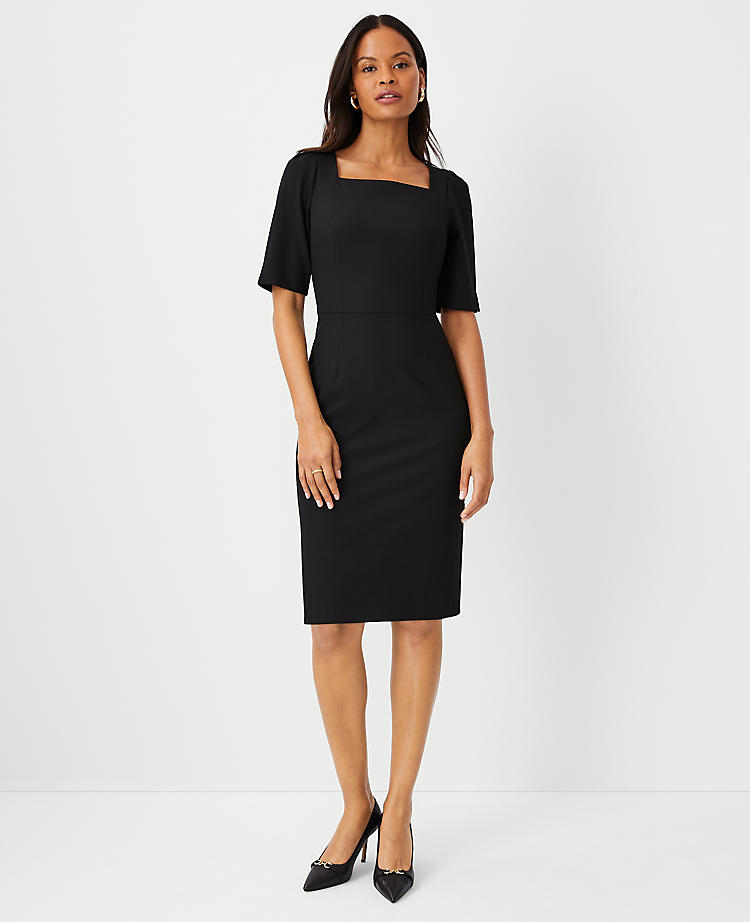 Anntaylor The Petite Elbow Sleeve Square Neck Dress in Seasonless Stretch - Curvy Fit
