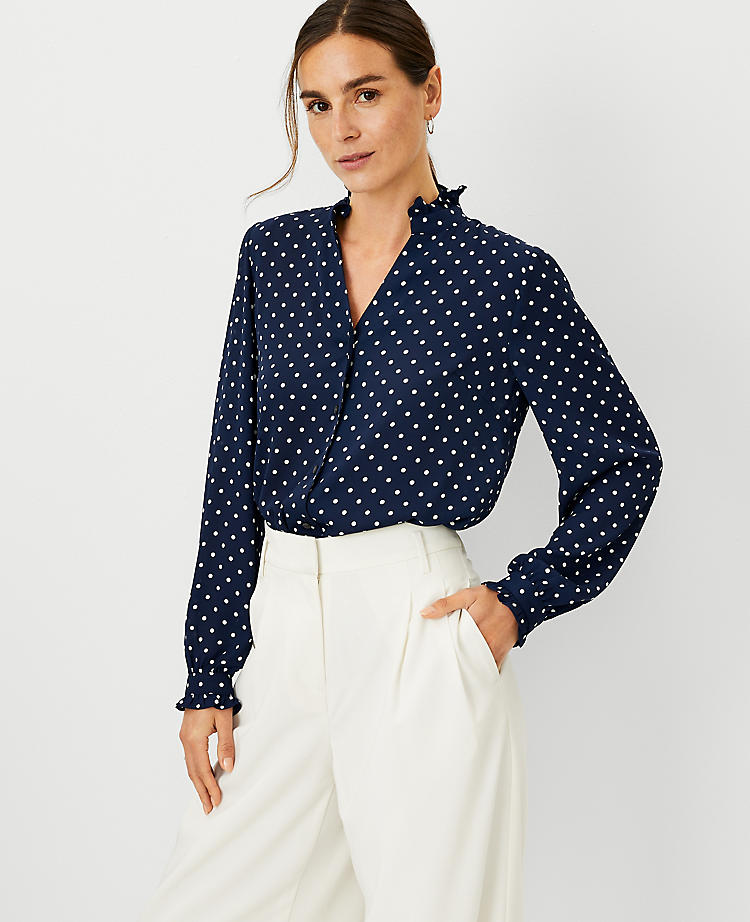 Anntaylor Dotted Ruffle Button Top