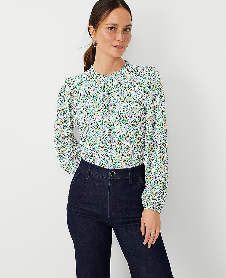 Anntaylor Floral Mixed Media Ruffle Blouse