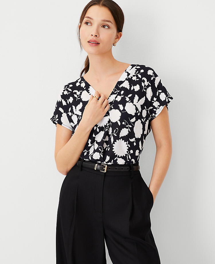 Anntaylor Floral Mixed Media Pleat Front Top