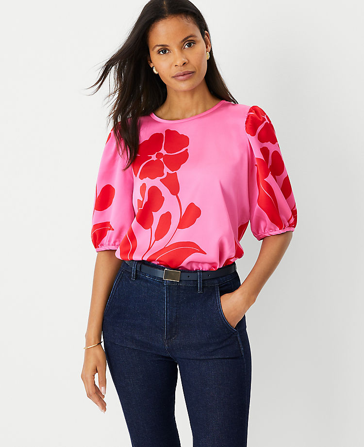 Anntaylor Petite Floral Puff Sleeve Top