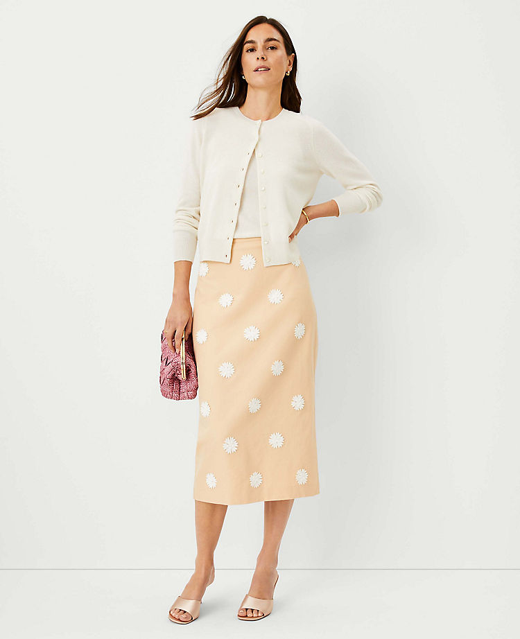 Anntaylor Studio Collection Applique Cotton Linen Midi Skirt