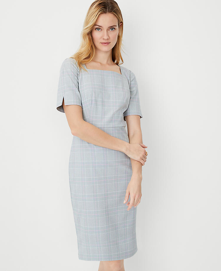 Anntaylor The Elbow Sleeve Square Neck Dress in Plaid