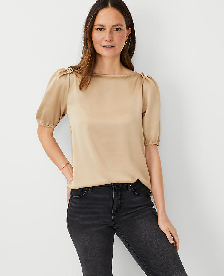 Anntaylor Petite Shimmer Mixed Media Puff Sleeve Top