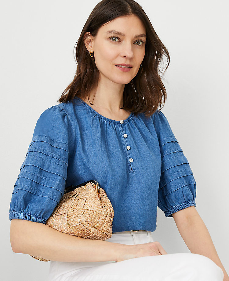 Anntaylor Chambray Pleated Puff Sleeve Blouse