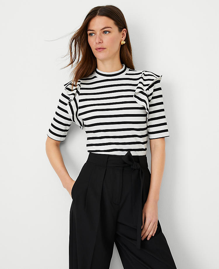 Anntaylor Stripe Ribbed Ruffle Shoulder Top