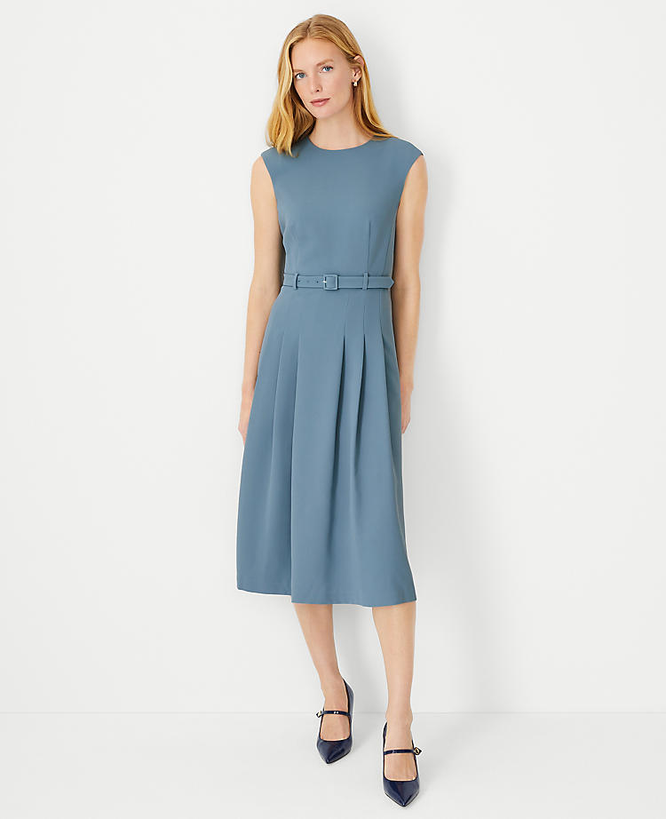 Anntaylor The Pleated Belted Crew Neck Dress in Fluid Crepe