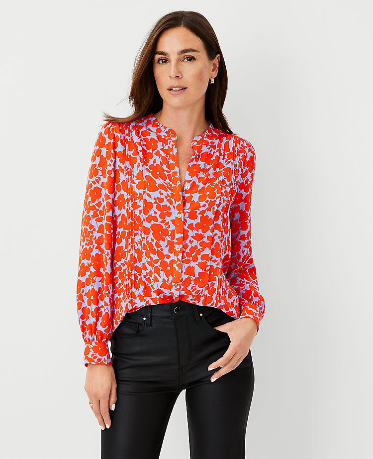 Anntaylor Petite Floral Mixed Media Pintucked Top