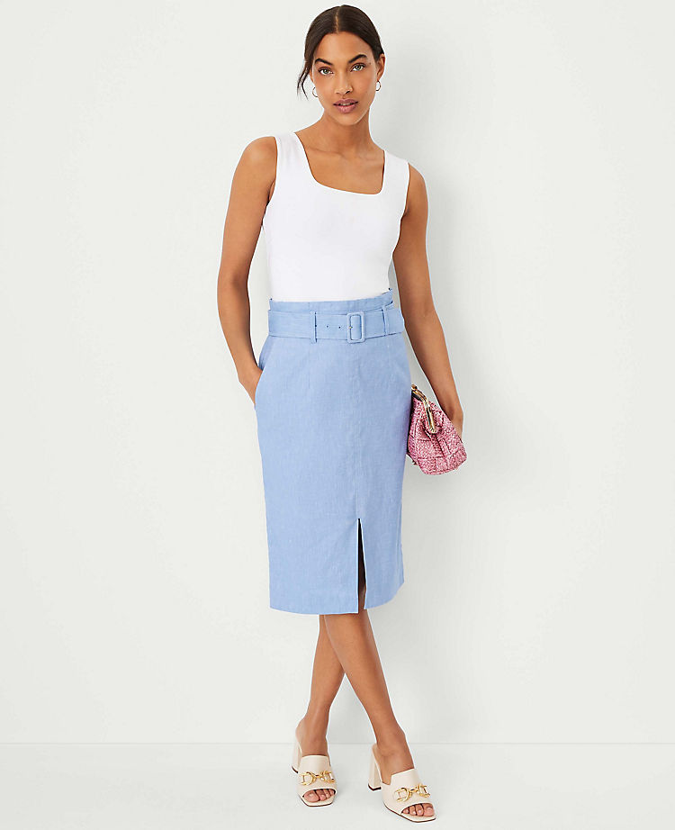 Anntaylor Petite Chambray Linen Blend Belted Front Slit Pencil Skirt