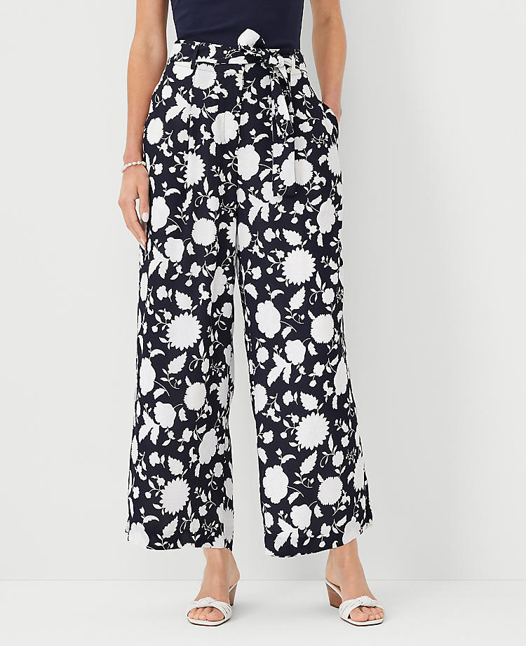 Anntaylor The Petite Tie Waist Pleated Wide Leg Ankle Pant in Floral