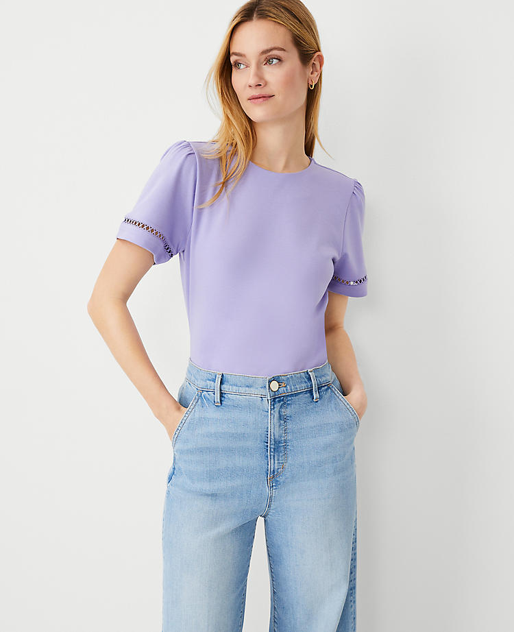 Anntaylor Lace Inset Puff Sleeve Top