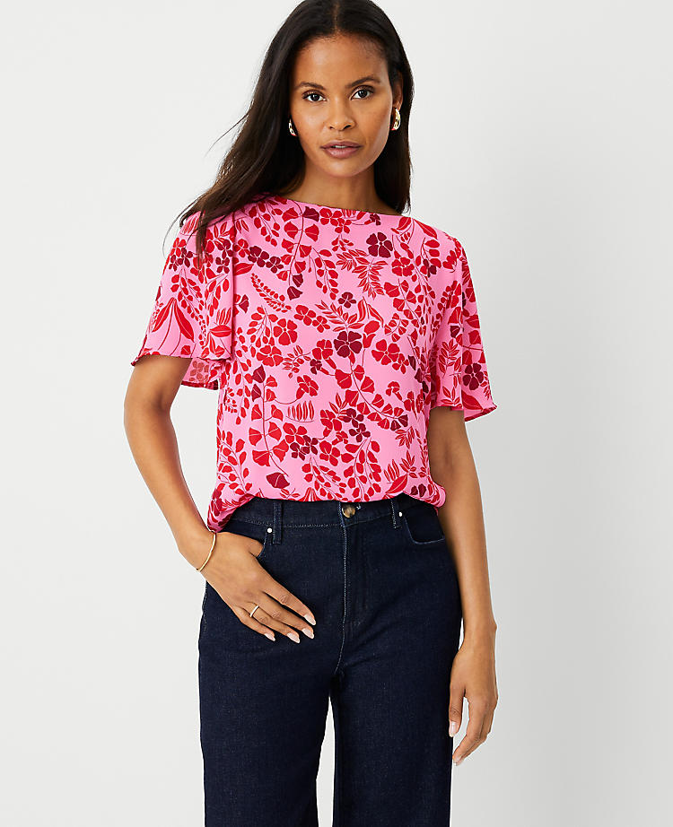 Anntaylor Petite Floral Mixed Media Angel Sleeve Top