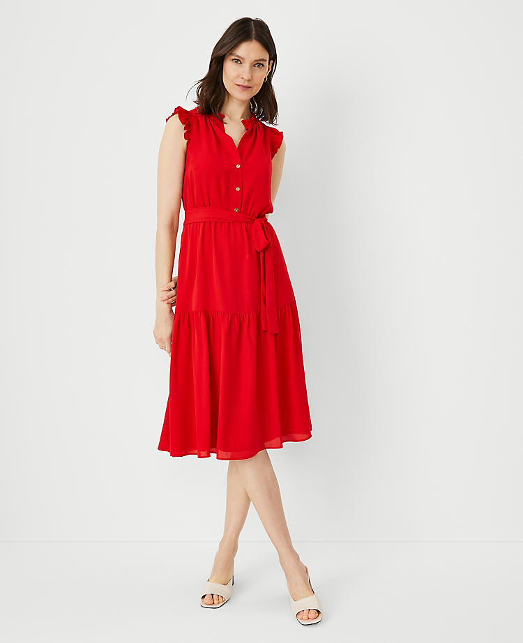 Anntaylor Petite Ruffle Belted Flare Dress