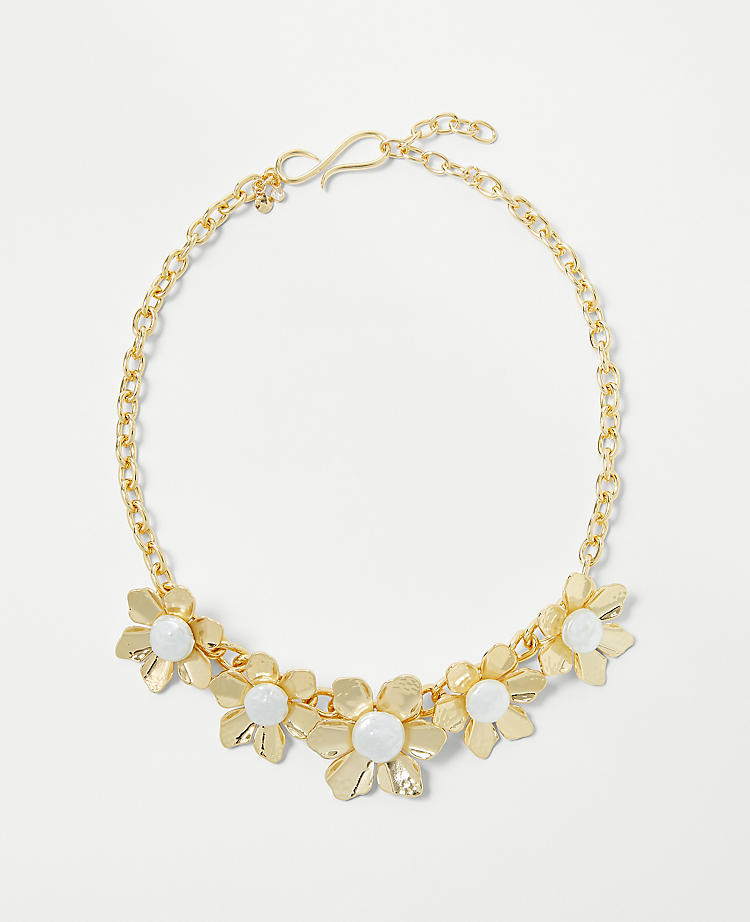 Anntaylor Pearlized Textured Metal Flower Statement Necklace