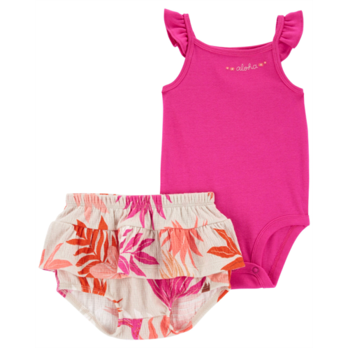 Carters Pink Baby 2-Piece Flutter Bodysuit & Tropical Diaper Cover Set