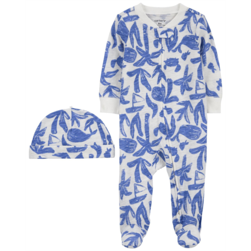 Carters White/Blue Baby Whale Cotton Sleep & Play & Cap Set