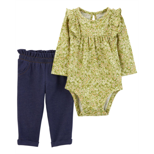 Carters Green/Navy Baby 2-Piece Floral Bodysuit Pant Set
