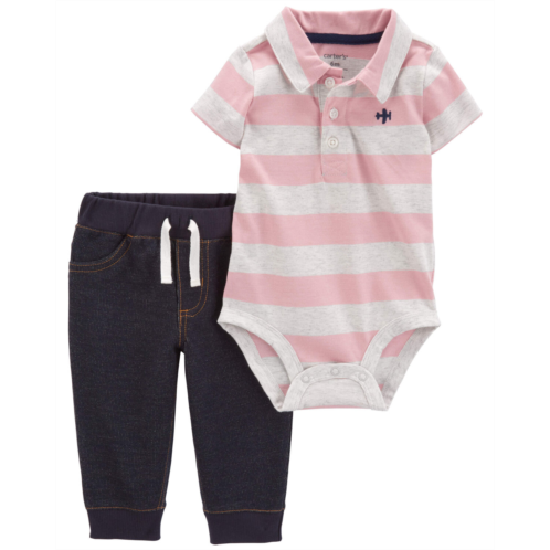 Carters Pink/Navy Baby 2-Piece Striped Polo Bodysuit Pant Set
