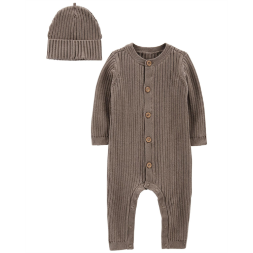 Carters Brown Baby 2-Piece Sweater Jumpsuit & Cap Set