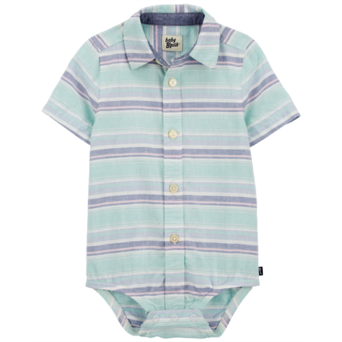 Oshkoshbgosh Green Baby Striped Button-Front Linen Blend Bodysuit | oshkosh.com