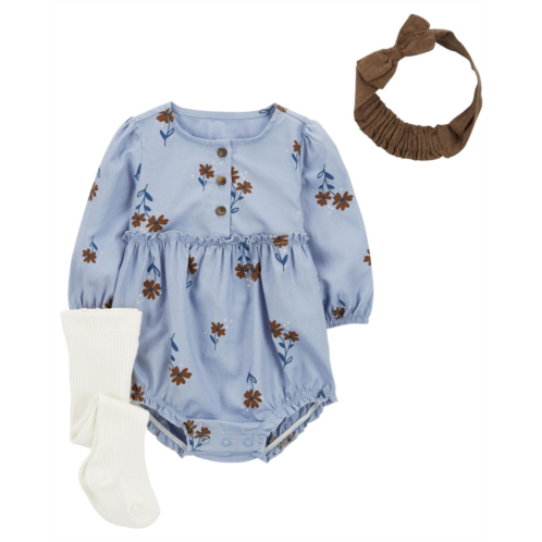 Oshkoshbgosh Blue Floral Baby 3-Piece Bubble Suit & Yarn Tights Set | oshkosh.com