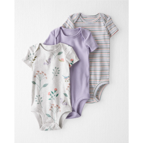 Carters Botanical Butterfly, Striped, Lilac Baby 3-Pack Organic Cotton Rib Bodysuits
