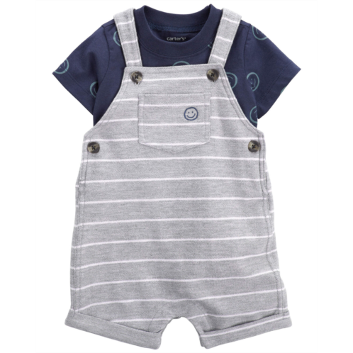 Carters Gray Baby 2-Piece Smiley Tee & Striped Shortalls Set