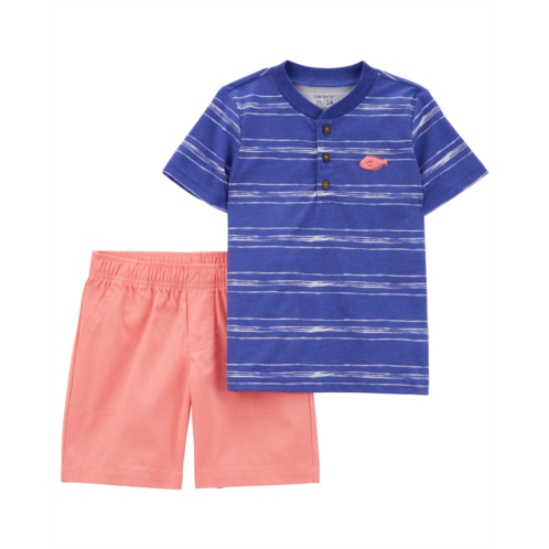 Carters Blue/Coral Toddler 2-Piece Striped Henley & Short Set