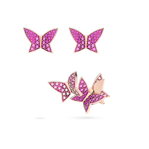 Swarovski Lilia stud earrings, Set (3), Butterfly, Pink, Rose gold-tone plated