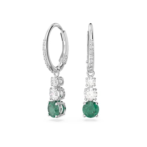 Swarovski Attract Trilogy drop earrings, Round cut, Green, Rhodium plated