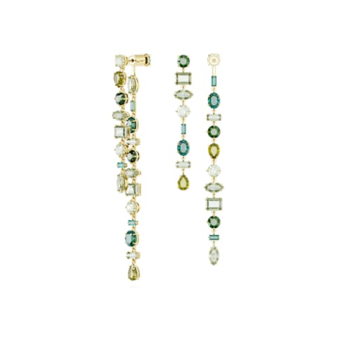 Swarovski Gema drop earrings, Asymmetrical design, Mixed cuts, Extra long, Green, Gold-tone plated