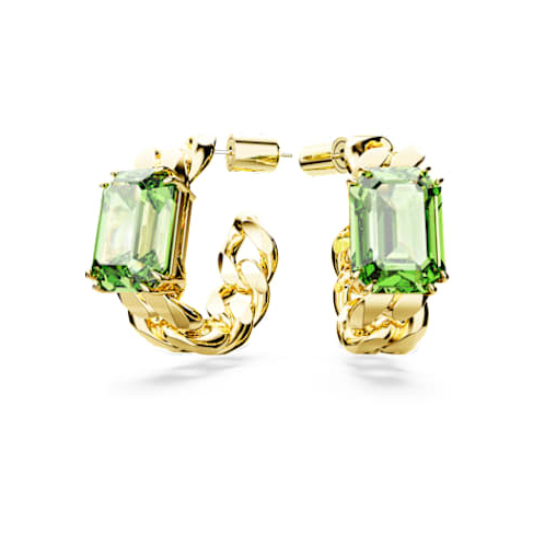 Swarovski Millenia hoop earrings, Octagon cut, Green, Gold-tone plated