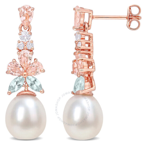 Amour Morganite, White Topaz and Aquamarine and 8.5 - 9 Mm White Cultured Freshwater Pearl Drop Earrings In Rose Plated Sterling Silver