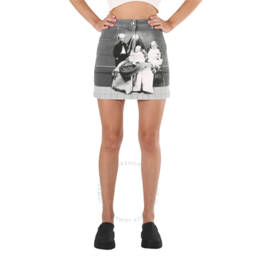 Burberry Grey Stretch Denim Victorian Portrait Print Mini Skirt, Brand Size 4 (US Size 2)