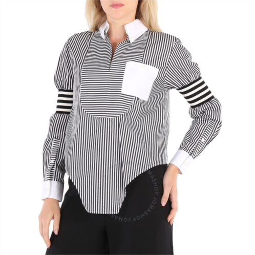 Burberry Ladies Black Stripe Cut-out Hem Striped Cotton Poplin Shirt, Brand Size 6 (US Size 4)
